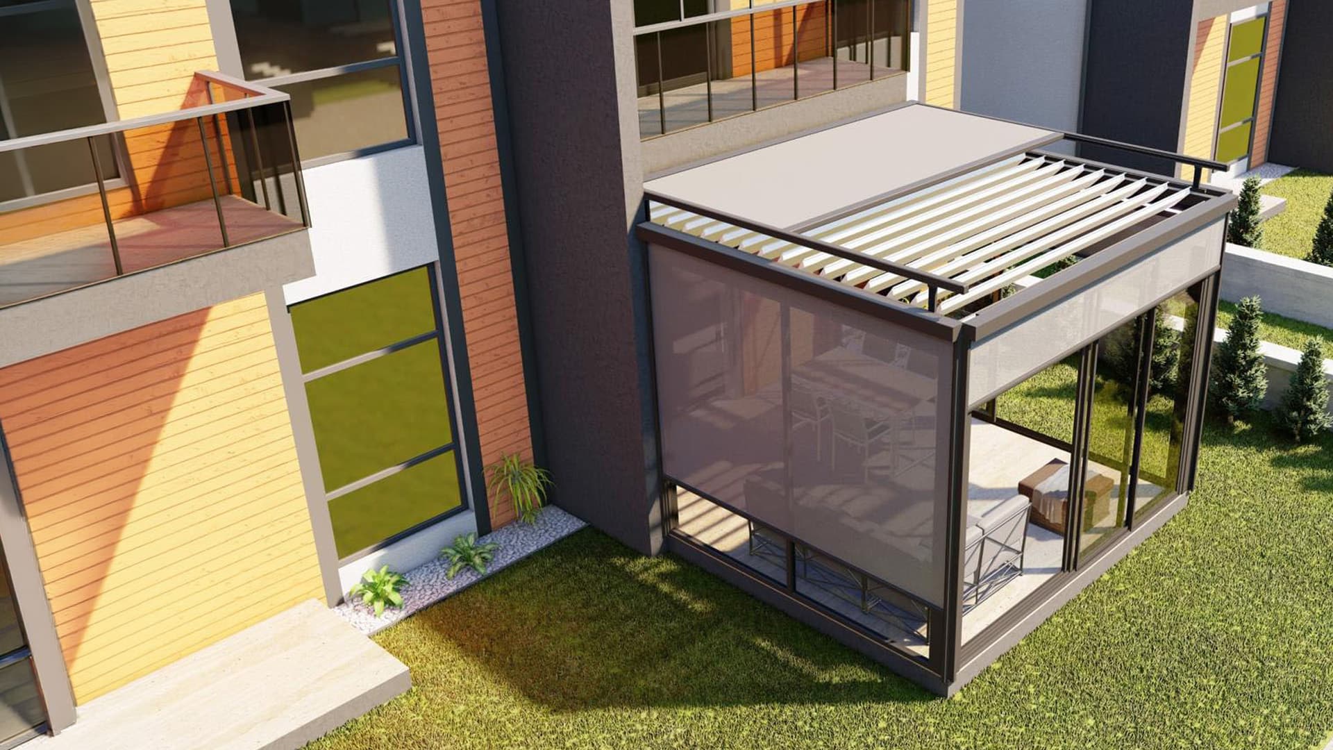 Residenza moderna con pergola bioclimatica e spazio esterno